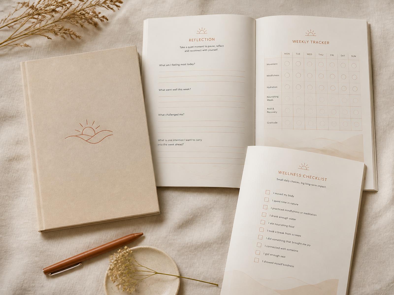 An Inner Landscape printable workbook with open interior pages showing reflection prompts, a weekly tracker and a checklist